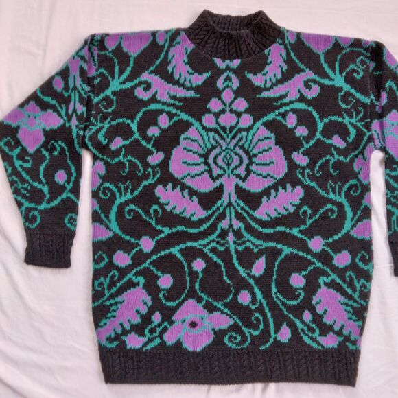 Vintage Carriage Court Sweater Black Purple Blue Scroll Retro Women's Large - Picture 3 of 12